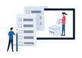Online voting concept. A man fills out a bulletin, a woman votes in elections, referenda. Flat vector illustration isolated on