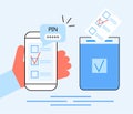 Online voting, electronic elections concept vector. Voter hand holding list newsletter with mark on phone screen. Political