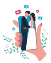 Online wedding ceremony with smartphone. Bride and groom getting married.