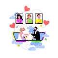 online wedding ceremony with virtual guests. with balloons and wedding icons. self-isolation due to coronavirus