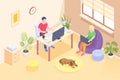 Online work couple freelance home office isometric