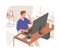 Online work from home office. Man working at desk with desktop computer. Remote employee with coffee cup at comfortable Royalty Free Stock Photo
