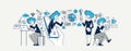 Online work teamwork concept vector outline illustration, remote virtual working freelancers or a part of coworking team working Royalty Free Stock Photo