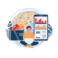 Online working concept. Young man sitting with laptop and working out of office. Work with financial exchanges, track Exchange