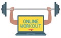 Online workout class with hands holding barbell.