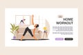 Online workout concept. Landing page template for web. Woman doing yoga at home. Watching tutorials on a laptop. Sport exercise in Royalty Free Stock Photo