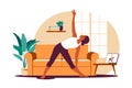 Online workout. Woman doing yoga at home. Watching tutorials on a laptop. Sport exercise in a cozy interior. Vector illustration.