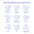 Online workplace blue gradient concept icons set