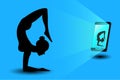 Online yoga is doing physical exercise, take online classes on laptop, Home activity vector illustration