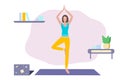 Online yoga and fitness vector. Female doing workout from home. Healthy lifestyle concept