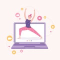 Online yoga with instructor at home. Personal sports training. Fitness blog and Workout app concept. Women blogger shows a fitness