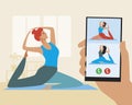 Online yoga remotely, smartphone with yoga class and women group, flat vector stock illustration with virtual class