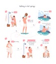 Onsen infographic. Steps to take japan hot spring or public pool spa sauna and steam bath, person body cleaning in