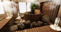 Onsen room interior with wooden bath and decoration wooden japanese style.3D rendering Royalty Free Stock Photo