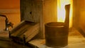 Onsen, Water streaming into wooden bathtub. Relax BGM image. Japan