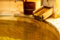 Onsen, Water streaming into wooden bathtub. Relax BGM image. Japan