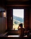 Onsen wooden bath tub,Woman enjoys bath at hot springs in Chiang Mai Thailand, Onsen Japanese Bath