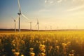 Onshore wind farm are part of renewable and clean energy on the sunrise and blooming fields