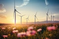 Onshore wind farm are part of renewable and clean energy on the sunset and blooming fields