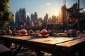 Onstruction plans. A wooden table topped with red hard hats Royalty Free Stock Photo