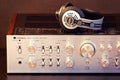 Ontario, Canada - December 22 2017: Vintage Audio Stereo Amplifier with Headphones Front View