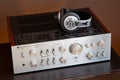 Ontario, Canada - December 22 2017: Vintage Audio Stereo Amplifier with Headphones Side View