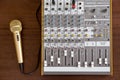 Ontario, Canada - May 21 2018: Audio studio sound mixing equalizer equipment board with microphone Royalty Free Stock Photo