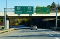 Ontario, Canada - October 28, 2019 - The view of the traffic on the Route 401 highway with exit towards Thousands Islands Parkway Royalty Free Stock Photo