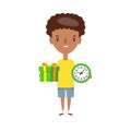 Ontime delivery service. Young logistic man in shorts and t-shirt standing, holding box and watch on white background.