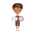 Ontime delivery service. Young logistic man in shorts and t-shirt standing, holding envelope with a letter and watch on