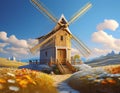 An old windmill in the meadow in summer landscape Royalty Free Stock Photo