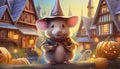 A mouse wizard at halloween with pumpkins Royalty Free Stock Photo