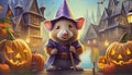 A mouse wizard at halloween with pumpkins Royalty Free Stock Photo