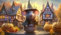 A mouse wizard at halloween with pumpkins Royalty Free Stock Photo