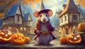 A mouse wizard at halloween with pumpkins Royalty Free Stock Photo