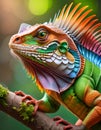 Colorful iguana a tree with flowers in bright colors Royalty Free Stock Photo