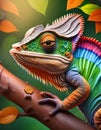 Colorful cameleon in a tree with flowers in bright colors Royalty Free Stock Photo