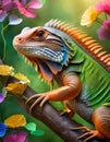Colorful iguana a tree with flowers in bright colors Royalty Free Stock Photo