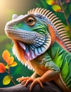 Colorful iguana a tree with flowers in bright colors Royalty Free Stock Photo