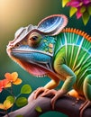 Colorful cameleon in a tree with flowers in bright colors Royalty Free Stock Photo