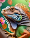 Colorful iguana in a tree with flowers in bright colors Royalty Free Stock Photo