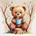 Teddybear with coffee and flowers cartoon Royalty Free Stock Photo