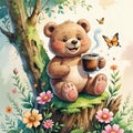 Teddybear with coffee and flowers cartoon Royalty Free Stock Photo