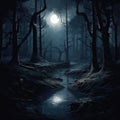 Onyx black shadowy moonlit forest. A place of mystery and hidden secrets