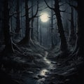 Onyx black shadowy moonlit forest. A place of mystery and hidden secrets