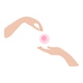 Oocyte donation. The hand gives the egg and the hand receives the egg. Vector illustration of donation concept
