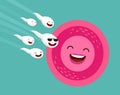 Oocyte fertilization, pregnancy, conception concept. Funny cartoon egg cell and spermatozoon, sperm. Vector illustration