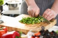 ook cuts green onions on board in kitchen Royalty Free Stock Photo