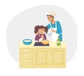 ÃÂ¡ooking kids class. Cooks children. Kids cooking food, chief teacher cook at stove with little girl, shows how to use and cook Royalty Free Stock Photo