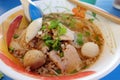 Ooking, Pork noodles with fish ball,hot and sour soup Royalty Free Stock Photo